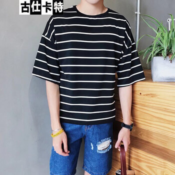 卡芙泰（kafutai） 五分袖 男士T恤 條紋黑色 