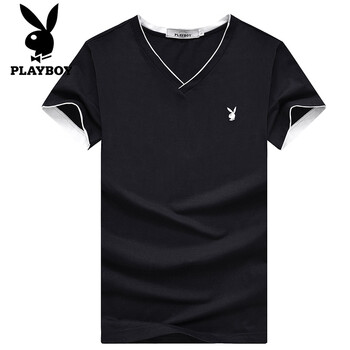 花花公子（PLAYBOY） 短袖 男士T恤 黑色（V領） XXL