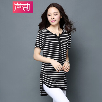蘆莉 條紋 短袖 T恤 女 V領(lǐng)