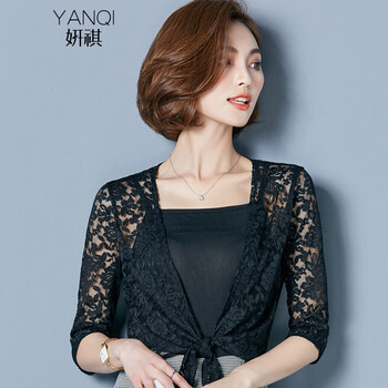 妍祺（YANQI） V領(lǐng) 七分袖 女 短外套 蕾絲