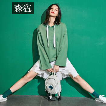 森宿 拼接 短袖 T恤 女 連帽