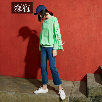 森宿 中腰 喇叭褲 女 九分褲 牛仔褲