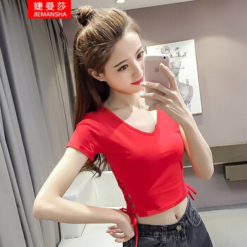 婕曼莎 綁帶 短袖 T恤 女 V領(lǐng)