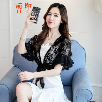 麗即  五分袖 女 短外套 花邊，褶皺，蝴蝶結，紗網(wǎng)