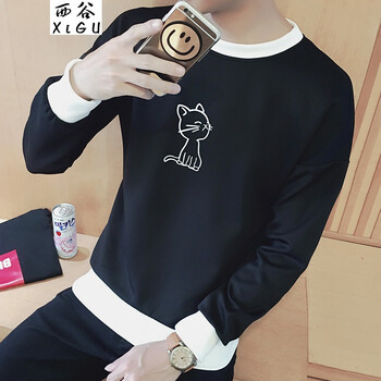 西谷（xigu） 長(zhǎng)袖 男士T恤 T03小貓?zhí)最^衛(wèi)衣 黑色 S，XL，L，M，XXL