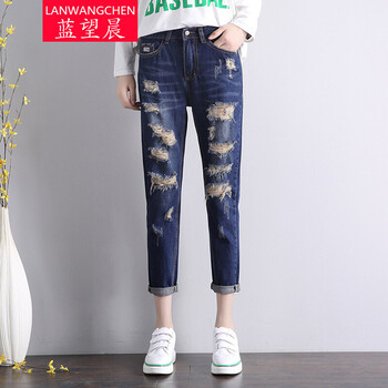 藍(lán)望晨（LANWANGCHEN） 自然腰 直筒褲 女 九分褲 牛仔褲