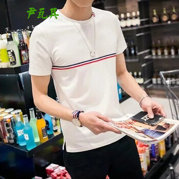 尹瓦其（YINWAQI） 短袖 男士T恤 胸前條紋短袖白色 XL，L，M