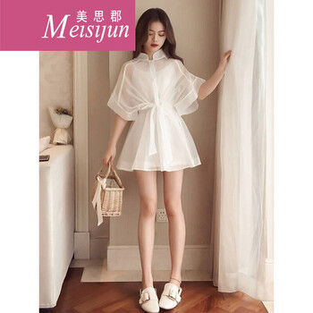 美思郡（Meisijun） 純色 紐扣 連衣裙