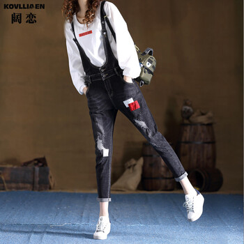闊戀（KOVLLIAEN） 中腰 背帶褲 女 長(zhǎng)褲 牛仔褲