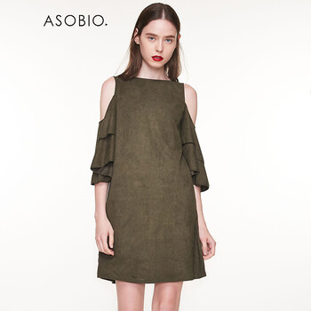ASOBIO 純色 荷葉邊，露肩 連衣裙