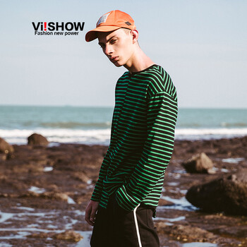 viishow 長(cháng)袖 男士T恤 綠黑條紋 
