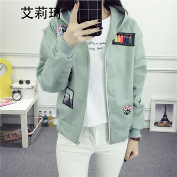 艾莉琦 連帽 長袖 女 短外套 印花，貼布