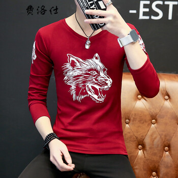 費洛仕（FIOOSU） 長袖 男士T恤 03狼頭長袖紅色 XL，L，XXXL，XXL，M