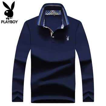 花花公子（PLAYBOY ESTABLISHED 1953） 短袖 男士T恤 藏青色丨長(zhǎng)袖 