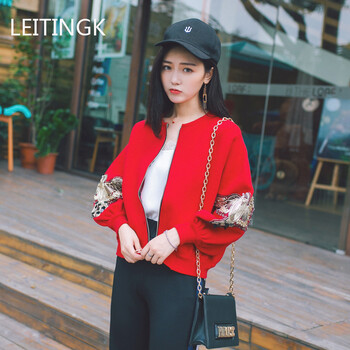 LEITINGK 圓領(lǐng) 長(zhǎng)袖 女 短外套 亮片，刺繡，釘珠