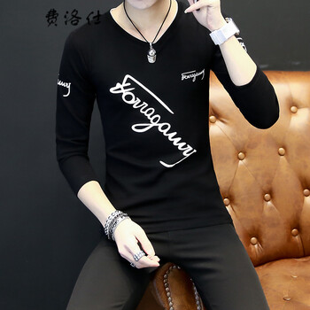費洛仕（FIOOSU） 長袖 男士T恤 斜字母長袖黑色 XL，L，XXL，M，XXXL