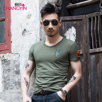 暢印 短袖 男士T恤 狼頭V領(lǐng)軍綠色 XL，L，XXXL，XXL，M