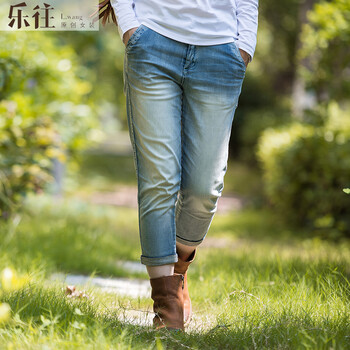 樂往 中腰 闊腳褲 女 九分褲 牛仔褲