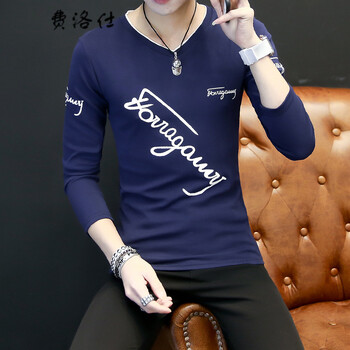 費洛仕（FIOOSU） 長袖 男士T恤 斜字母長袖藏青色 XL，L，M，XXL，XXXL
