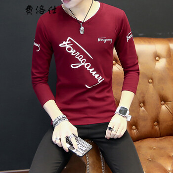 費洛仕（FIOOSU） 長袖 男士T恤 斜字母長袖紅色 XL，L，XXL，M，XXXL