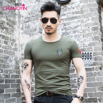 暢印 短袖 男士T恤 狼頭圓領(lǐng)軍綠色 XL，L，XXL，M，XXXL