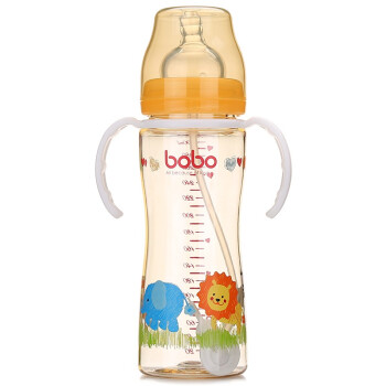 乐儿宝 (bobo)奶瓶  PPSU仿母乳防摔宽口径奶瓶 吸管带手柄 (300ml橙色)宝宝奶瓶(自带12个月以上奶嘴1个）