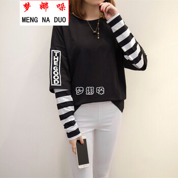 夢(mèng)娜哚（MENGNADUO） 拼接，亮絲，撞色，蕾絲 短袖 T恤 女 圓領(lǐng)