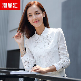 潮思汇2017春款衬衫女长袖立领纯棉职业装刺