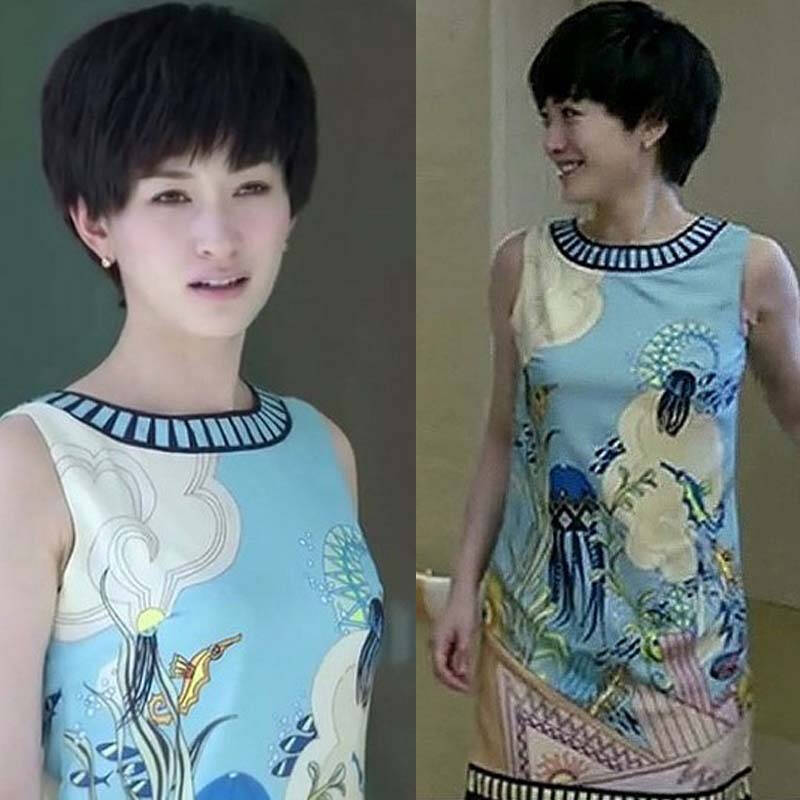 姿昵娅2014新款大丈夫李小冉明星同款连衣裙 无袖印花