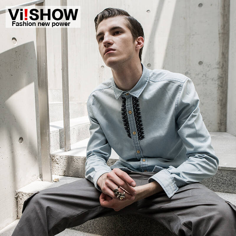 viishow2014秋季新款休闲牛仔衬衫男 修身立领绣花英伦牛仔衣男 牛仔兰 - 京东触屏版