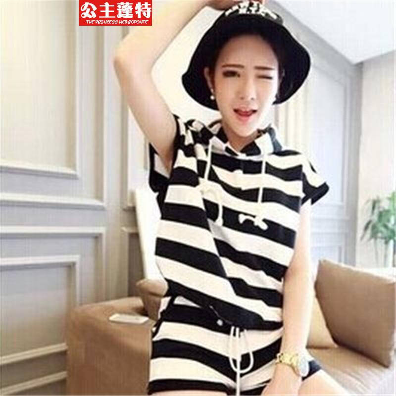公主蓬特欧洲站大牌夏日条纹带帽子休闲时尚短