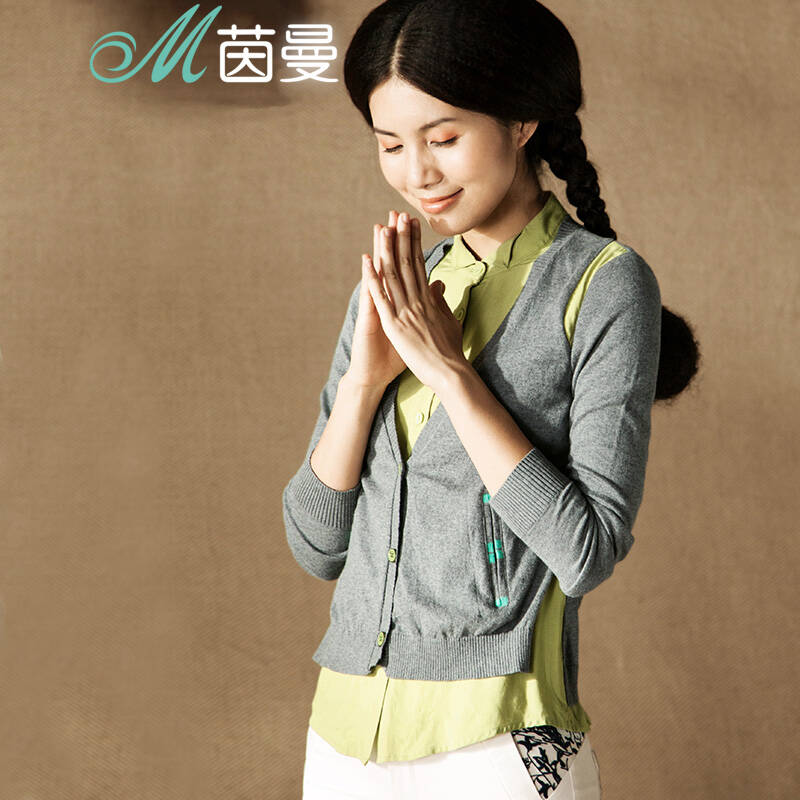 茵曼 2014秋装新款简约<em>拼接假两件</em>针织<em>开衫女</em>