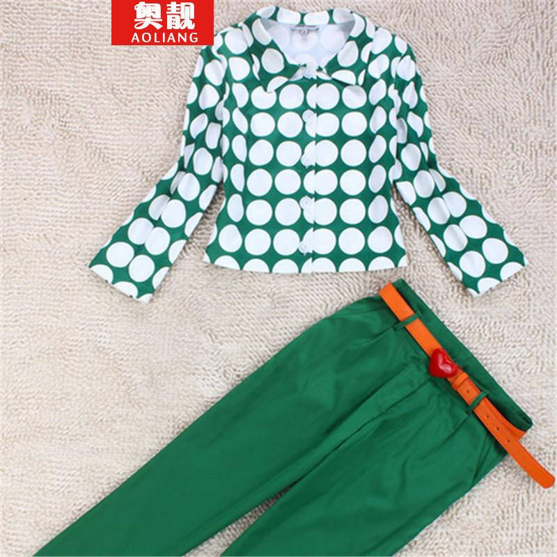 奥靓 2014秋欧美休闲上衣波点女装甜美套装女