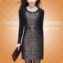 甘甘 2014秋冬蕾丝连衣裙 高档长袖打底羊毛呢