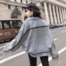 懿妙 翻領(lǐng) 長(cháng)袖 女 短外套 鏈條，流蘇，拼接，亮絲，拼色，金屬裝飾，明線(xiàn)裝飾，水洗