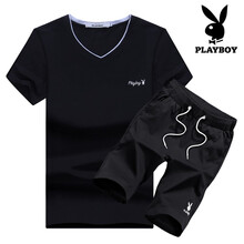 花花公子（PLAYBOY） 短袖 男士T恤 黒色上衣+黑色五分褲 