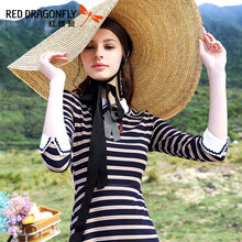 紅蜻蜓（RED DRAGONFLY） 橫條紋 拼接，條紋，紐扣，蝴蝶結 連衣裙