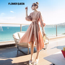 FLOWER QUEEN 純色 褶皺，綁帶 連衣裙