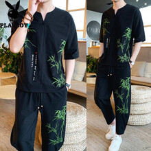 花花公子（PLAYBOY） 五分袖 男士T恤 TZ112黑色 