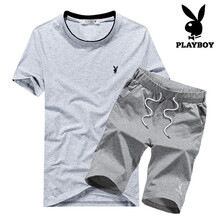 花花公子（PLAYBOY） 短袖 男士T恤 灰色上衣+灰色短褲 