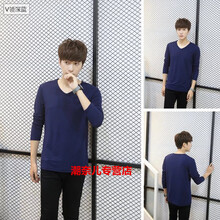 古萊登（GODLIKE） 長袖 男士T恤 YE長袖純色V領(lǐng)深藍 S，XL，L，XXL，M，XXXL