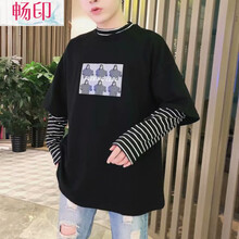 暢印 長袖 男士T恤 潮寶假兩件條紋衛(wèi)衣#黑色 S，XL，L，M