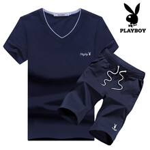 花花公子（PLAYBOY） 短袖 男士T恤 藍(lán)色上衣+深藍(lán)五分褲 