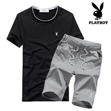花花公子（PLAYBOY） 短袖 男士T恤 黑色上衣+灰色五分褲(圓領(lǐng)) 