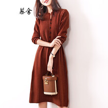 慕舍（mushe） 豎條紋 開(kāi)衩，條紋，紐扣 連衣裙
