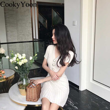 CookyYoon 純色 深V款，紐扣，綁帶，褶皺，蝴蝶結(jié) 連衣裙