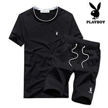 花花公子（PLAYBOY） 短袖 男士T恤 黑色上衣+黑色五分褲(圓領(lǐng)) 