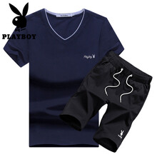 花花公子（PLAYBOY ESTABLISHED 1953） 短袖 男士T恤 藍衣黑褲 