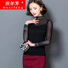 沃爾芳 拼接，紗網(wǎng)，蕾絲 短袖 T恤 女 高領(lǐng)