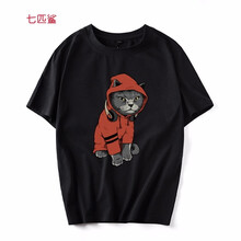 七匹鯊 短袖 男士T恤 黑色嘻哈貓 S，XL，4XL，5XL，L，XXXL，M，加大，XXL